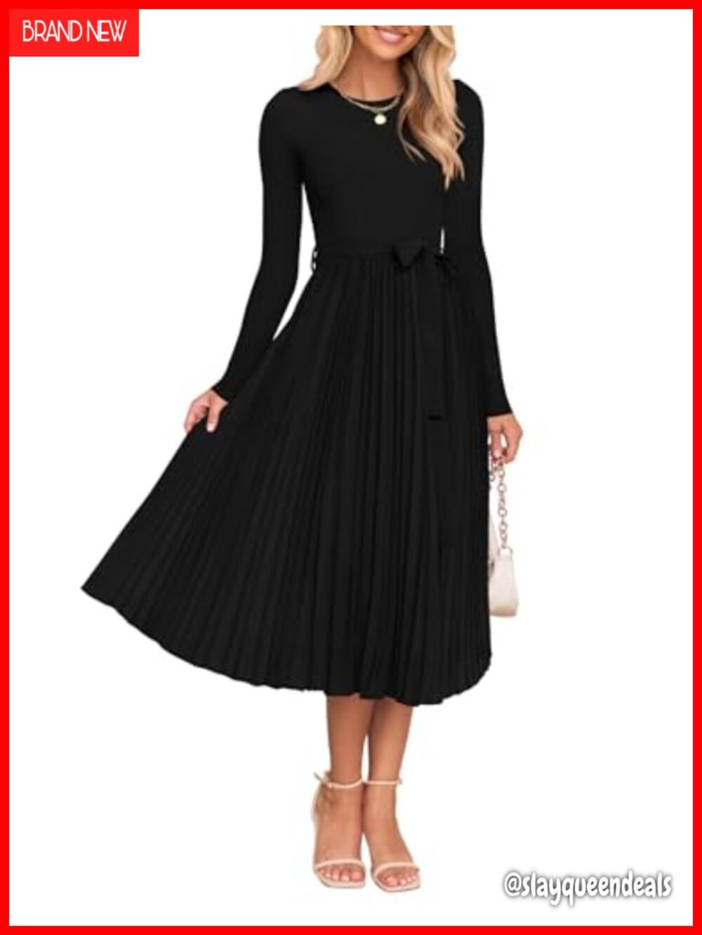 Pleated Knit Sweater Dress Long Sleeve Midi A-Line High Waist